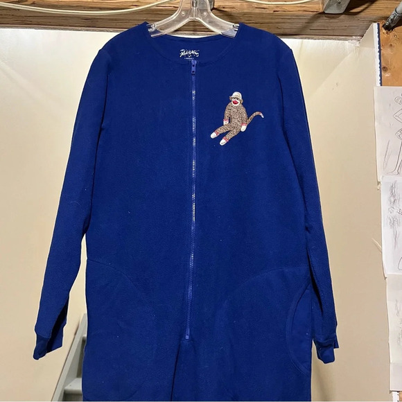 Nick & Nora Sock Monkey Footed Pjs Pajamas M Sleepwear Royal Blue Fleece Pocket - Picture 4 of 12